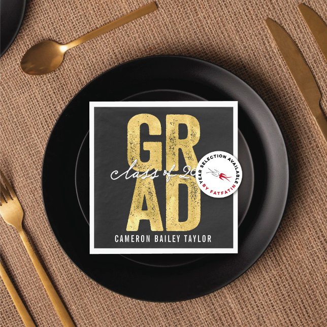 2026 Bold GRAD Gold Foil Modern Graduation Party Napkin (2026 Bold GRAD Gold Foil Graduation Party Cocktail / Luncheon / Dinner Paper Napkins by fatfatin)