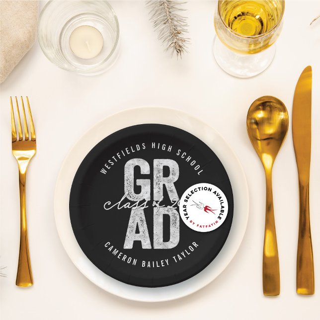 2026 Bold GRAD Silver Foil Chic Graduation Party Paper Plate (2026 Bold GRAD Silver Faux Foil Chic Graduation Party Paper Plates @ fatfatin)