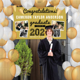 2026 Bold Sketch Gold & Black 4 Photo Grad Party Banner
