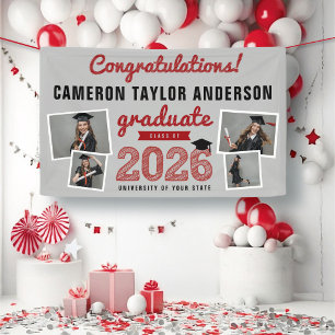 2026 Bold Sketch Red Grey 4 Photo Graduation Party Banner