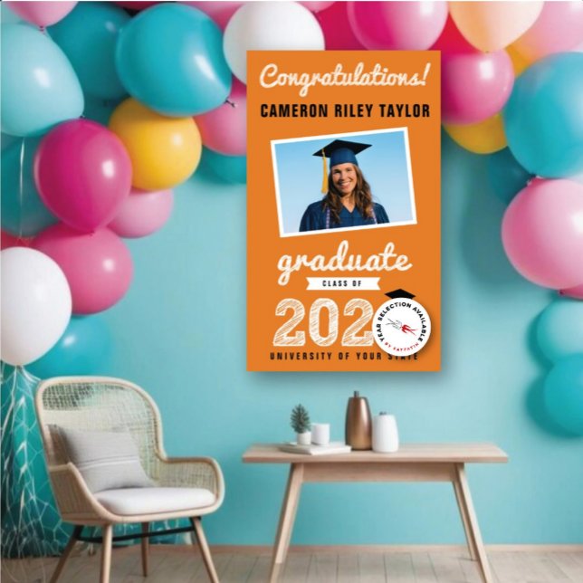 2026 Bold Sketch Typography Photo Graduation Party Banner (20YY Orange & White Sketch One Photo Modern Graduation Party Banner @ www.zazzle.com/color_therapy)