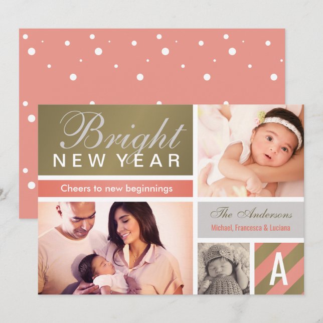 2026 Bright New Year Rose Gold Photo Collage Holiday Card (Front/Back)