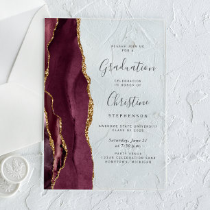 2026 Burgundy Gold Agate Grey Text Graduation Acrylic Invitations