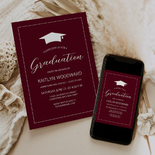 2026 Burgundy White Cap Modern Graduation Party Invitation