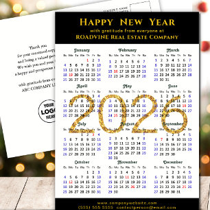 2026 Business Calendar Modern Black Gold Glitter Holiday Postcard