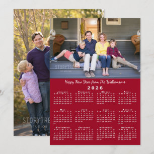 2026 Calendar 2 Custom Photos Red Happy New Year Holiday Card