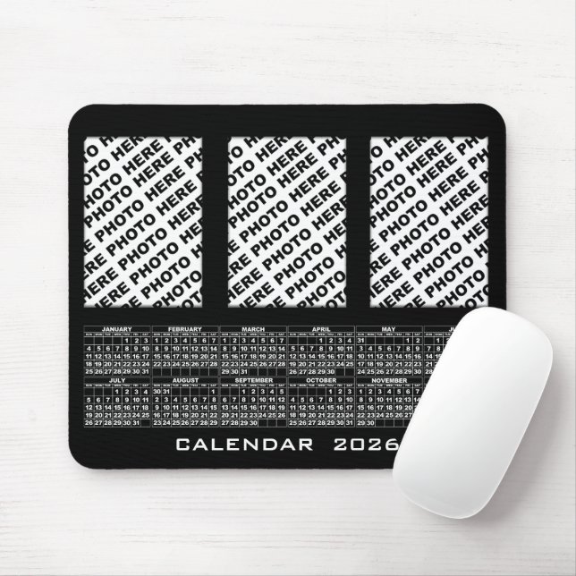 2026 Calendar Add 3 Vertical Photos Mousepad Black (With Mouse)
