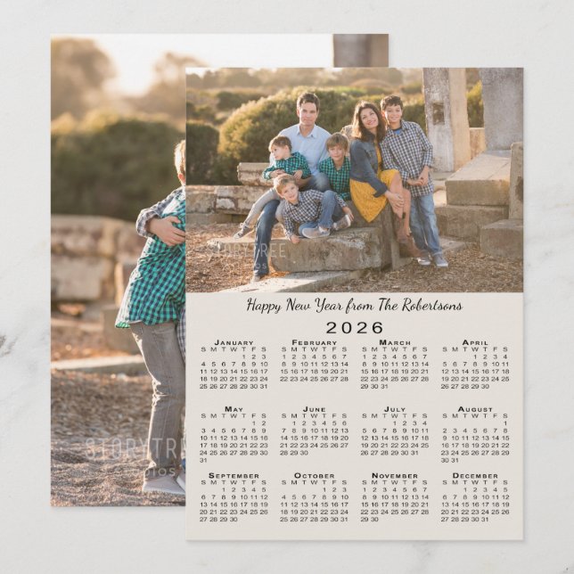 2026 Calendar Beige 2 Custom Photos Happy New Year Holiday Card (Front/Back)