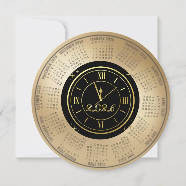 2026 Calendar Black and Gold New Year’s Clock Holiday Card (Front)