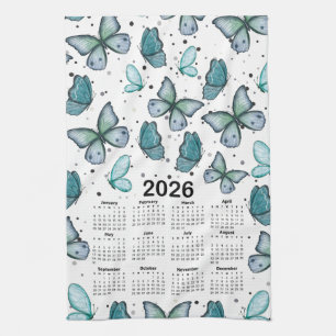 2026 Calendar Blue Green Butterflies Pattern Kitchen Towel