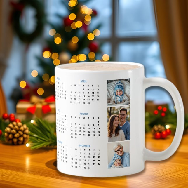 2026 calendar blue photo collage three photos coffee mug (Creator Uploaded)