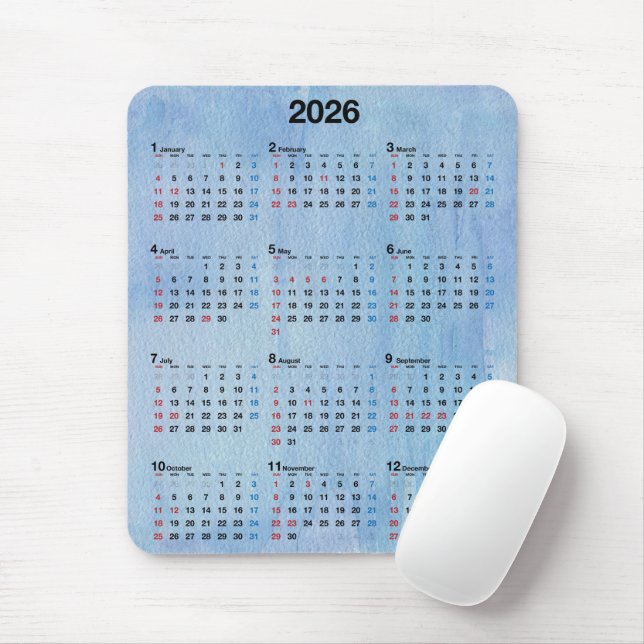 2026 Calendar Blue Watercolor Abstract Mouse Pad (With Mouse)