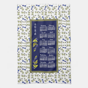 2026 Calendar Blueberries On Stem Vine Leaves Navy Kitchen Towel