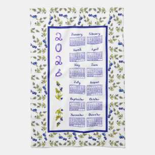 2026 Calendar Blueberries Stem Leaves White Kitchen Towel
