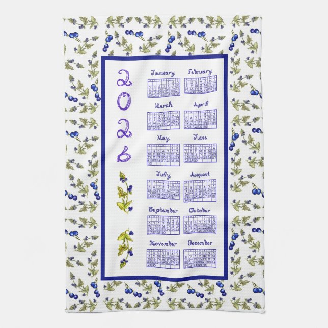 2026 Calendar Blueberries Stem Leaves White Kitchen Towel (Vertical)