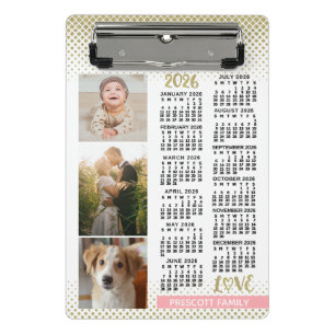 2026 Calendar Blush Pink Gold Family Photo Collage Mini Clipboard