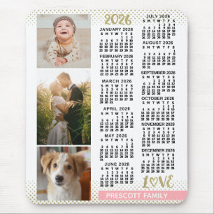 2026 Calendar Blush Pink Gold Family Photo Collage Mouse Pad