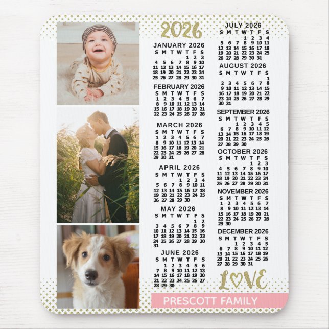 2026 Calendar Blush Pink Gold Family Photo Collage Mouse Pad (Front)
