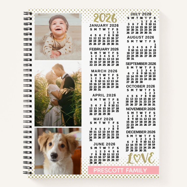 2026 Calendar Blush Pink Gold Family Photo Collage Notebook (Front)