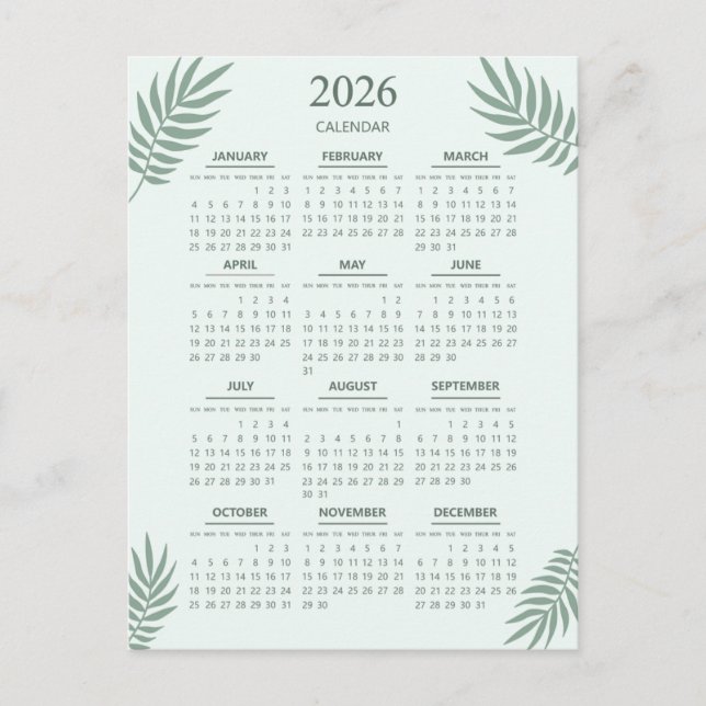2026 Calendar Boho Floral Aesthetic Mint Green  Postcard (Front)