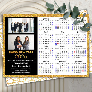 2026 Calendar Business 2 Photo Modern Black Gold Holiday Card