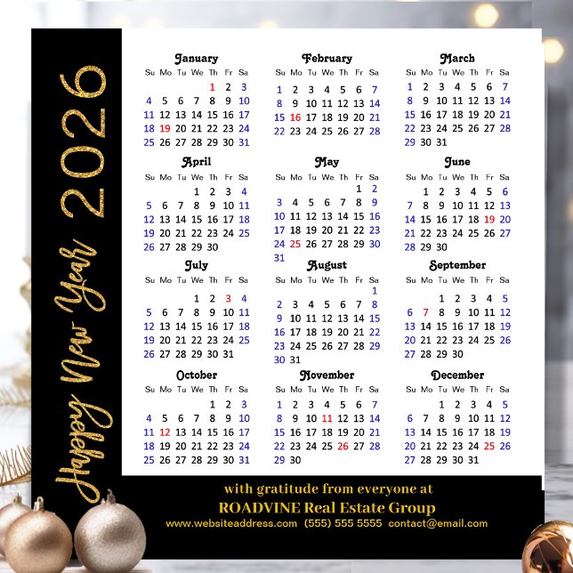 2026 Calendar Business Gold Glitter Modern Black Holiday Card (Creator Uploaded)