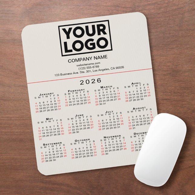 2026 Calendar Business Logo and Text on Beige Mouse Pad (2026 Calendar Business Logo and Text on Beige Mouse Pad, in situ)