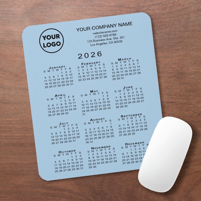 2026 Calendar Business Logo and Text on Light Blue Mouse Pad (2026 Calendar Business Logo and Text on Light Blue Mouse Pad, in situ)