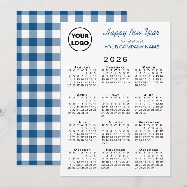 2026 Calendar Business Logo Blue White Gingham Holiday Card (Front/Back)