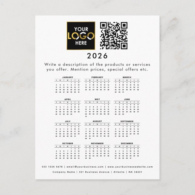 2026 Calendar Business Logo Contact Detail QR Code Postcard (Front)