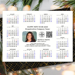 2026 Calendar Business Logo QR Modern Black Simple Holiday Card