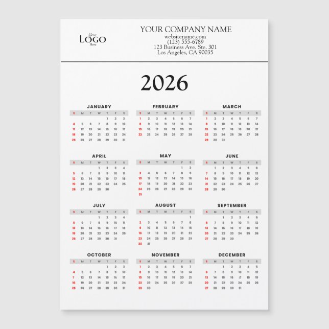 2026 Calendar Business Logo Text | Any background (Front)