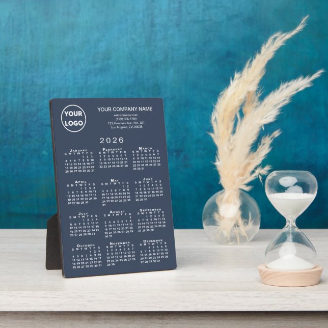 2026 Calendar Business Logo Text Navy Blue Desktop Plaque (Side)