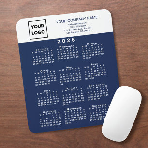 2026 Calendar Business Logo Text Navy Blue White Mouse Pad