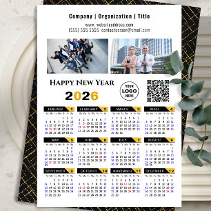 2026 Calendar Business Photo Logo QR Modern Black  Holiday Card