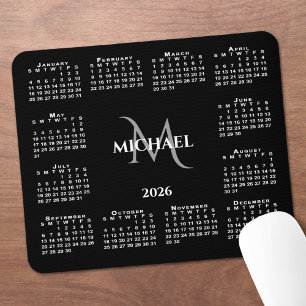 2026 Calendar Chic Monogram Name on Black Mouse Pad