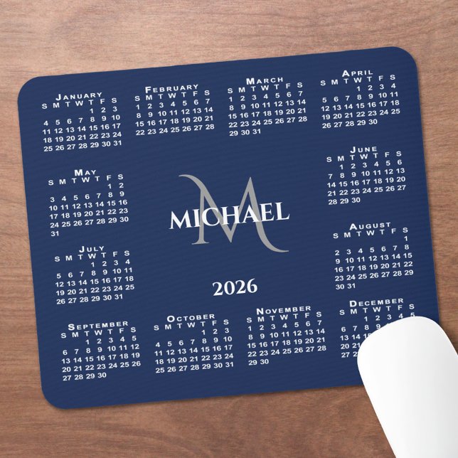 2026 Calendar Chic Monogram Name on Navy Blue Mouse Pad (2026 Calendar Chic Monogram Name on Navy Blue Mouse Pad, in situ)