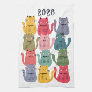 2026 Calendar Colourful Cats Kitchen Towel