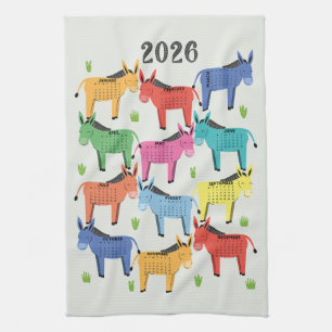 2026 Calendar Colourful Donkey Kitchen Towel