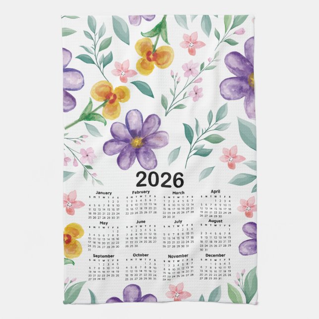 2026 Calendar Colourful Floral Botanical Garden Kitchen Towel (Vertical)