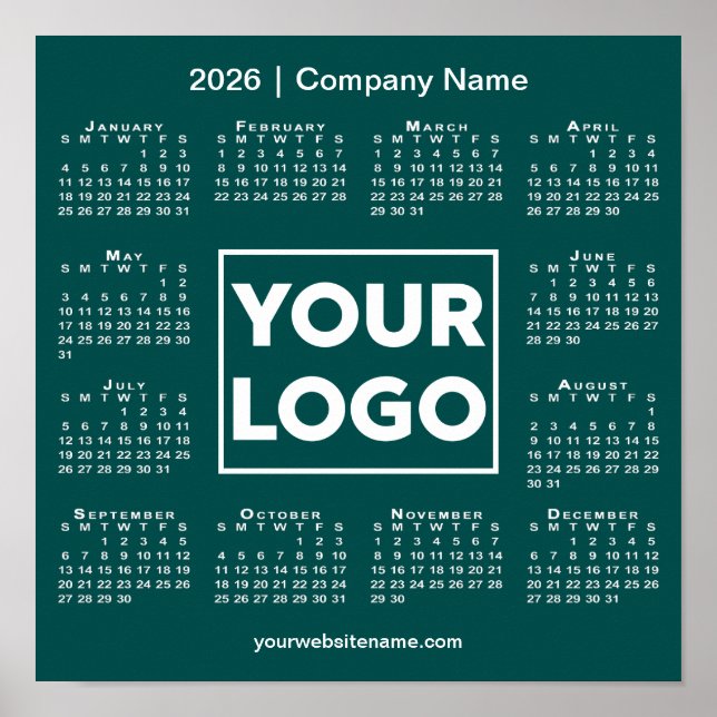 2026 Calendar Company Logo and Name Teal Green Poster (Front)