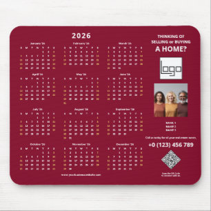2026 Calendar Company Logo QR Code Burgundy Photo Mouse Pad