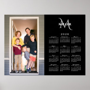 2026 Calendar Custom Photo Monogram Name Black Poster