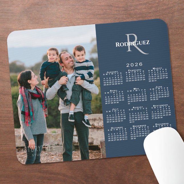 2026 Calendar Custom Photo Monogram Name Navy Blue Mouse Pad (2026 Calendar Custom Photo Monogram Name Navy Blue Mouse Pad, in situ)