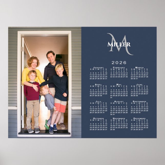 2026 Calendar Custom Photo Monogram Name Navy Blue Poster (Front)