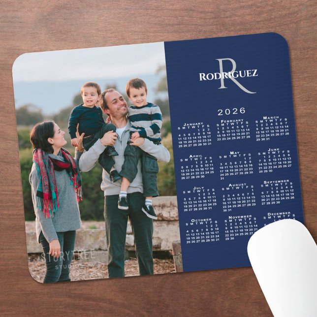 2026 Calendar Custom Photo Monogram Name Navy Mouse Pad (2026 Calendar Custom Photo Monogram Name Navy Mouse Pad, in situ)