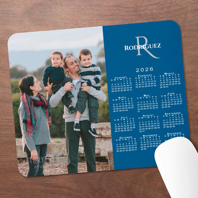 2026 Calendar Custom Photo Monogram Name on Blue Mouse Pad (2026 Calendar Custom Photo Monogram Name on Blue Mouse Pad, in situ)