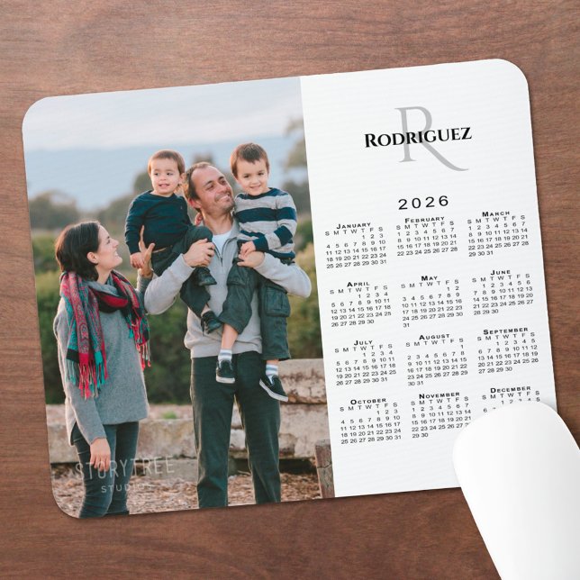 2026 Calendar Custom Photo Monogram Name on White Mouse Pad (2026 Calendar Custom Photo Monogram Name on White Mouse Pad, in situ)