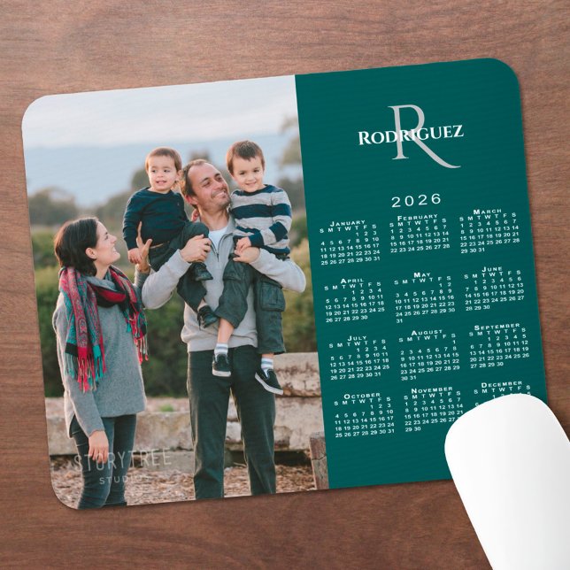 2026 Calendar Custom Photo Monogram Name Teal Mouse Pad (2026 Calendar Custom Photo Monogram Name Teal Mouse Pad, in situ)