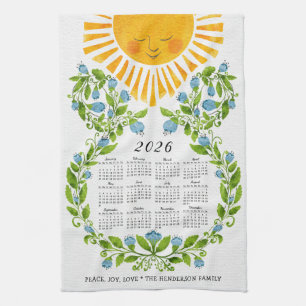 2026 Calendar Cute Sun Blue Flowers Floral Kitchen Towel